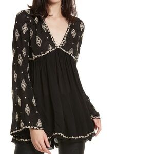 Free People Embroidered Bell Sleeve Top XS